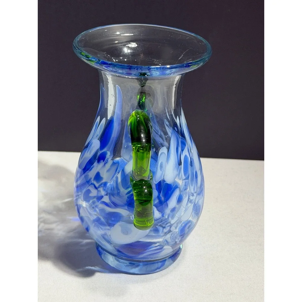 Pier 1 Imports Blue white Swirl Hand Blown Glass Vase with Green Handles
